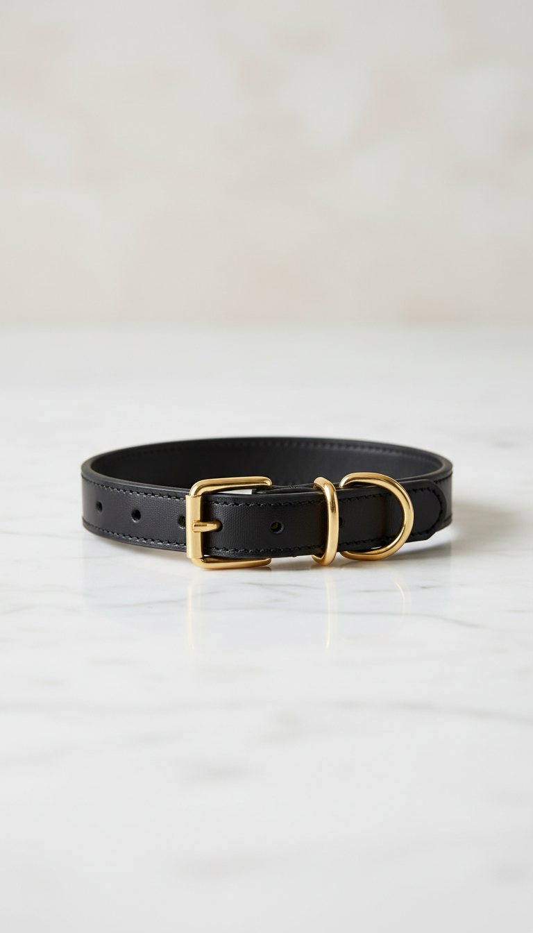 Black Italian leather collar with gold hardware